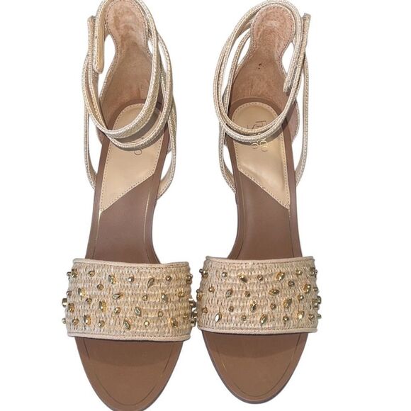 Franco Sarto Eleanor Beige and Gold Studded Ankle Strap Heels Size 10 NWOB - Picture 2 of 10